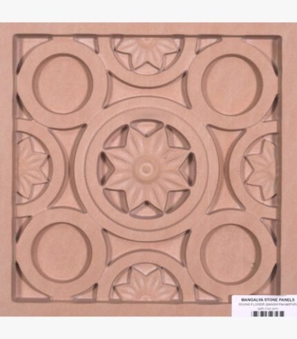 Hand-carved pink sandstone relief panel titled Round Flower Banshi Pahadpur by Mangalya Stone Panels showcasing a geometric pattern with interlocking rings and carved floral rosettes.
