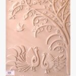 Hand-carved beige sandstone relief stone panel titled Peacock Agra by Mangalya Stone Panels showcasing two dancing peacocks beneath a stylized tree with small birds.