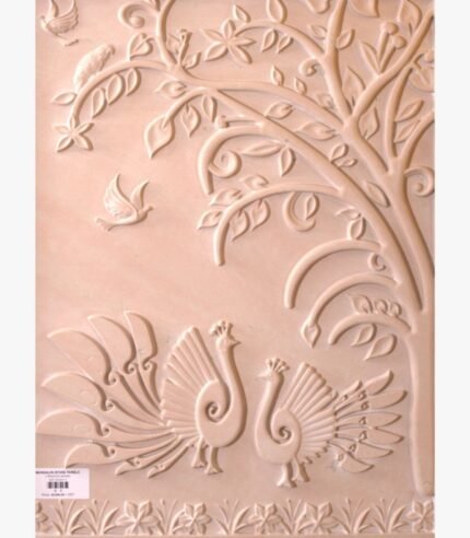 Hand-carved beige sandstone relief stone panel titled Peacock Agra by Mangalya Stone Panels showcasing two dancing peacocks beneath a stylized tree with small birds.