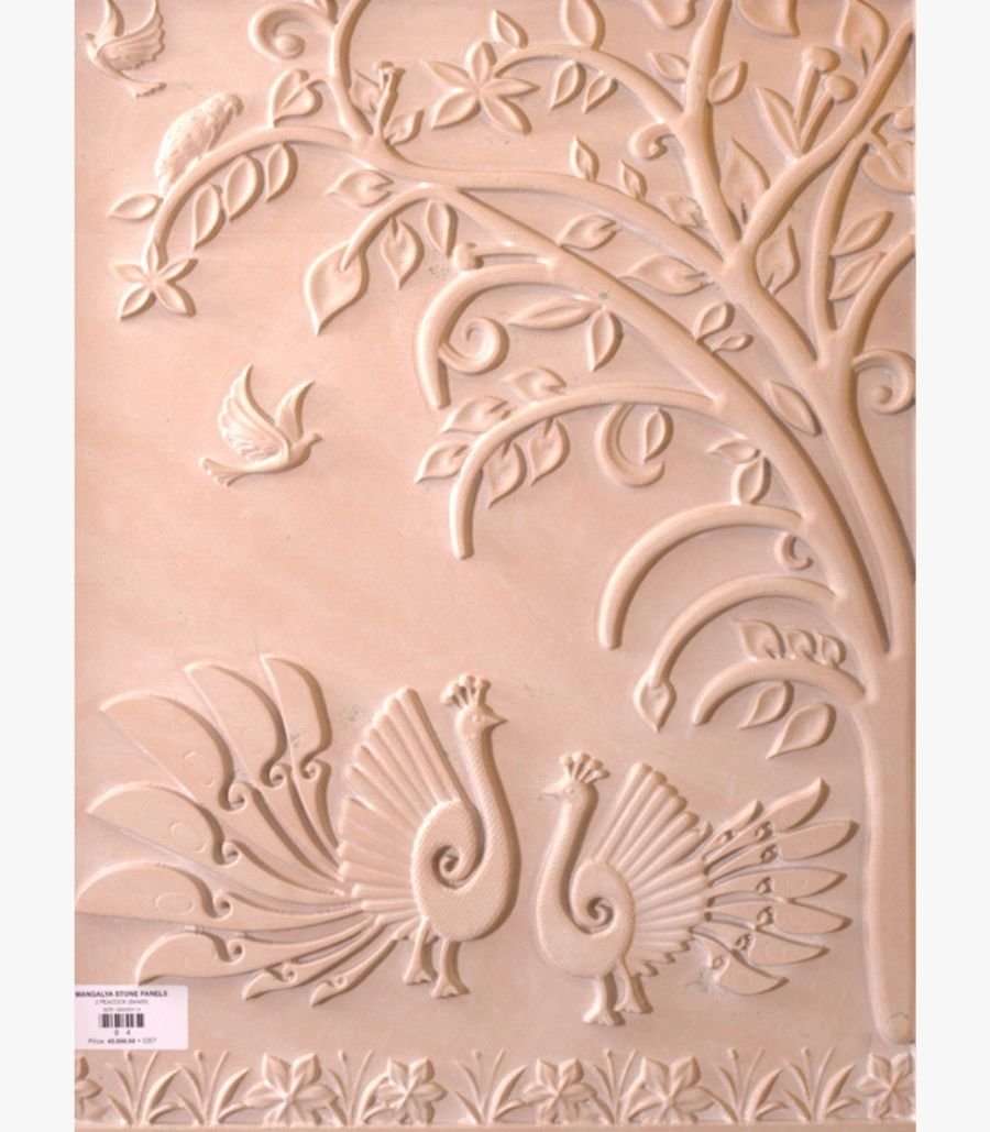 g Hand-carved beige sandstone relief stone panel titled Peacock Agra by Mangalya Stone Panels showcasing two dancing peacocks beneath a stylized tree with small birds.