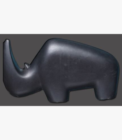 Hand-carved black stone minimalist rhinoceros sculpture titled Minimalist Rhinoceros by Mangalya Stone Panels showing a smooth, modern abstract wildlife figurine with clean contours.