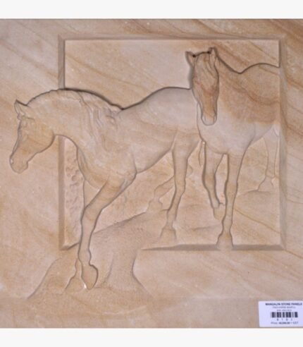 Hand-carved Khatu beige sandstone relief stone panel titled Two Horse Khatu by Mangalya Stone Panels showcasing two running horses chiseled inside a recessed rectangular frame.
