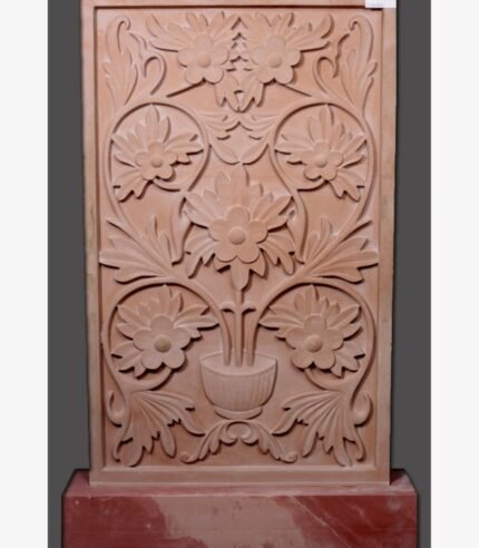 Hand-carved Banshi Pahadpur pink sandstone relief panel titled Flower Pot by Mangalya Stone Panels showcasing a symmetrical floral vase design with blooming rosettes and acanthus scrollwork leaves.
