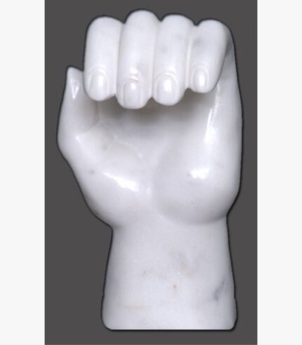 A polished white marble hand sculpture shaped into a loose fist, showcasing intricate anatomical detailing and smooth stone textures against a neutral background.