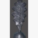 A hand-forged dark metal sculpture of an oak leaf with detailed veins rising from a solid rounded dome base, isolated against a neutral background.