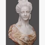 A classical fine art bust sculpture of a noblewoman carved from pure white marble with contrasting multi-colored veined alabaster drapery.