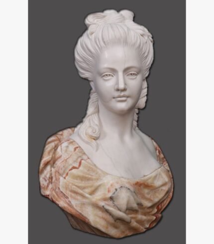 A classical fine art bust sculpture of a noblewoman carved from pure white marble with contrasting multi-colored veined alabaster drapery.