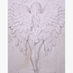 A hand-carved white marble relief panel depicting a female angel from behind with large feathered wings, holding a handgun behind her back.