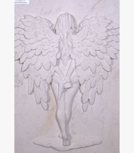 A hand-carved white marble relief panel depicting a female angel from behind with large feathered wings, holding a handgun behind her back.