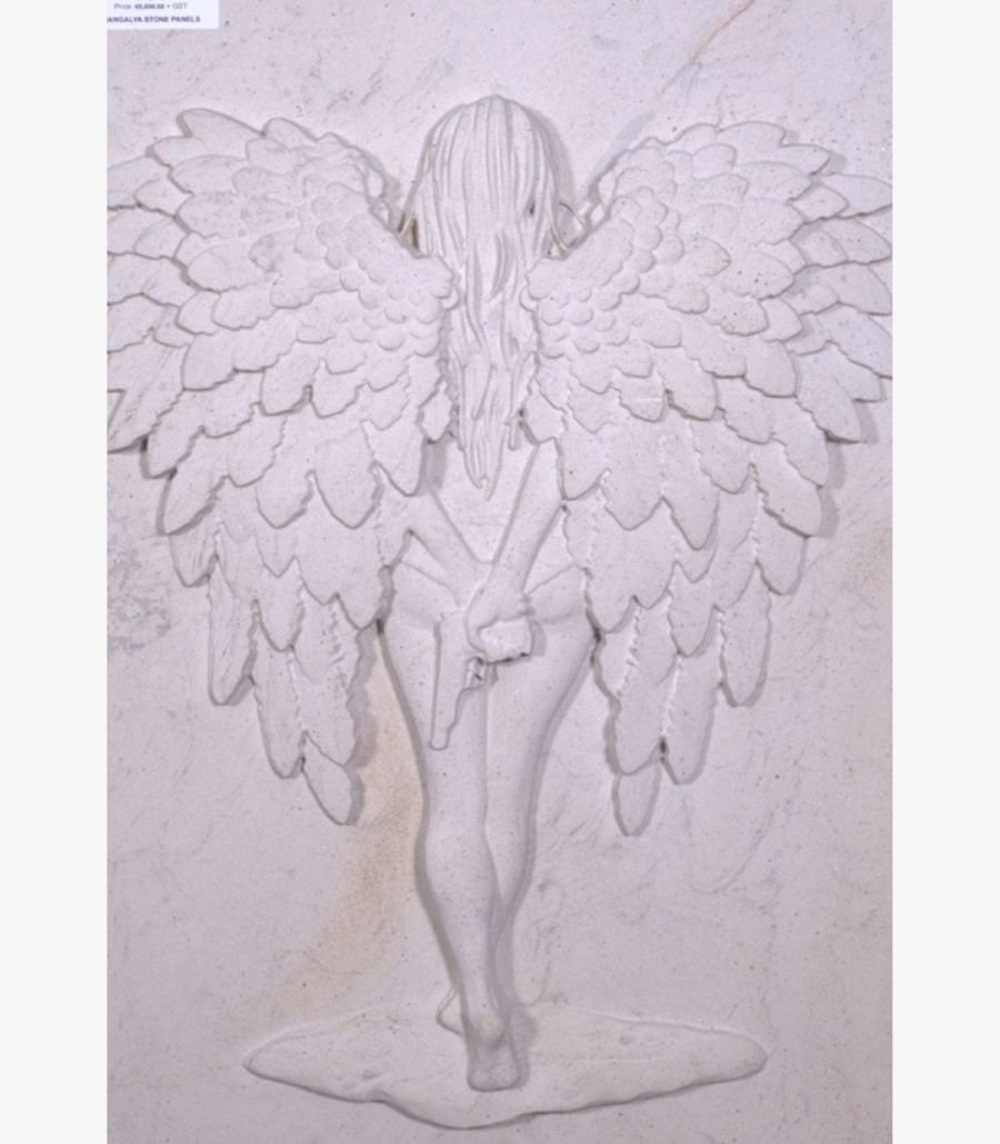 u A hand-carved white marble relief panel depicting a female angel from behind with large feathered wings, holding a handgun behind her back.