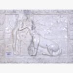 A hand-carved white marble relief panel depicting a graceful nymph standing with a large wild leopard in a forest setting, enclosed by an ornate floral border.