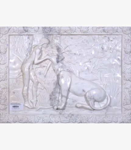 A hand-carved white marble relief panel depicting a graceful nymph standing with a large wild leopard in a forest setting, enclosed by an ornate floral border.