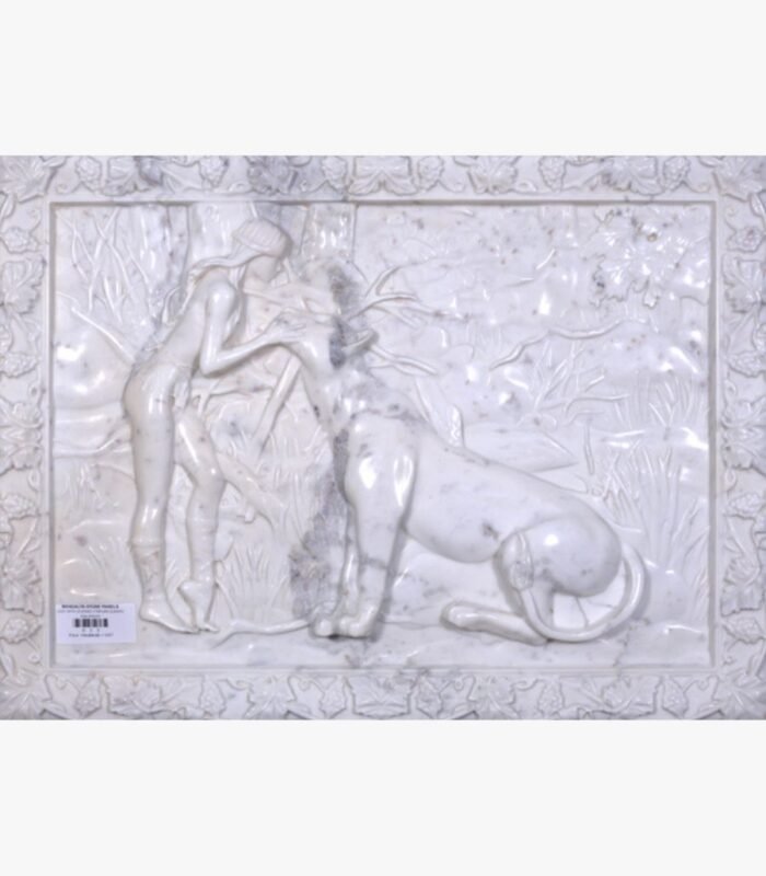 A hand-carved white marble relief panel depicting a graceful nymph standing with a large wild leopard in a forest setting, enclosed by an ornate floral border.