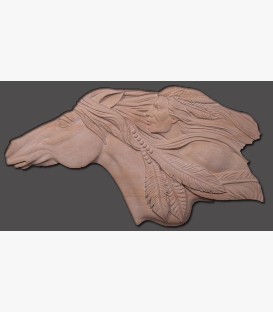 y Hand-carved Agra beige sandstone relief stone panel titled Native American with Horse by Mangalya Stone Panels showcasing a detailed profile of a horse head seamlessly blending into a Native American chief with feathers.