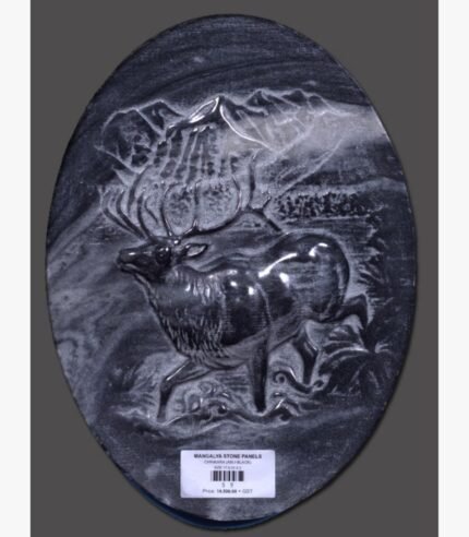 Hand-carved Abu-Black stone oval relief panel titled Chinkara by Mangalya Stone Panels showcasing a stag with large antlers moving against a mountainous landscape backdrop.