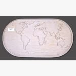 Hand-carved Khatu beige sandstone oval relief panel titled World Map by Mangalya Stone Panels showcasing an engraved map of the world with natural stone textures across the continents and oceans.
