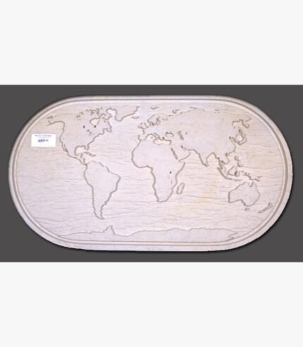 Hand-carved Khatu beige sandstone oval relief panel titled World Map by Mangalya Stone Panels showcasing an engraved map of the world with natural stone textures across the continents and oceans.