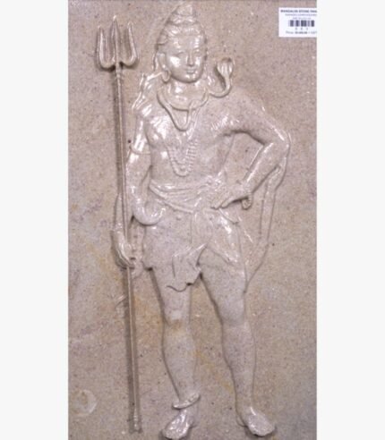 Hand-carved Dhrangadhra beige sandstone vertical relief panel titled Shivadev by Mangalya Stone Panels showcasing Lord Shiva standing with his trishul trident, a coiled cobra, and a tiger skin wrap.