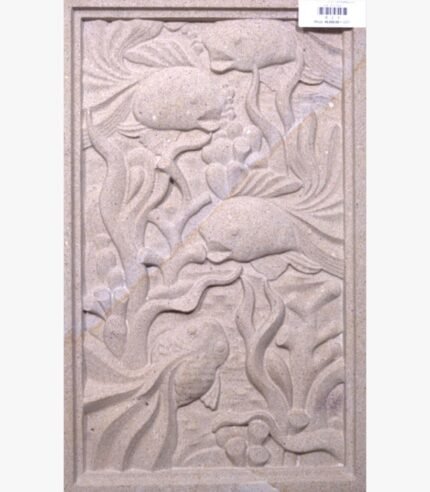 Hand-carved Dhrangadhra beige sandstone vertical relief panel titled Fish Panel by Mangalya Stone Panels featuring swimming fish amidst detailed coral reefs and aquatic sea anemones.
