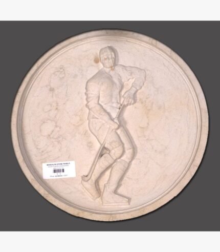 Hand-carved Dhrangadhra beige sandstone circular relief panel titled Hockey Player by Mangalya Stone Panels showcasing an athlete in motion with a hockey stick and ice skates.
