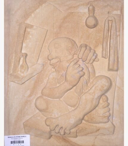 Hand-carved Khatu beige sandstone vertical relief panel titled Old Barbar by Mangalya Stone Panels portraying a traditional folk figure engaged in a classical shaving ritual.