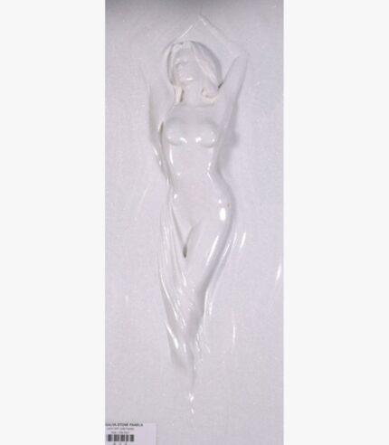 Hand-carved Vietnam white marble vertical relief panel titled Lady Art by Mangalya Stone Panels depicting a polished, elegant female silhouette emerging from a textured crystalline background.