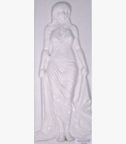 Hand-carved Vietnam white marble vertical relief panel titled Beautiful Girl by Mangalya Stone Panels depicting a classical draped female figure standing elegantly with sculpted robes.
