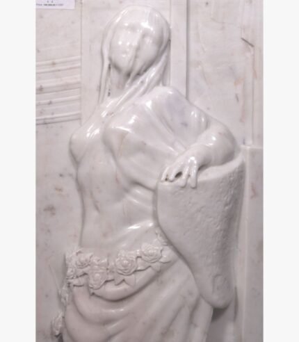 Hand-carved Vietnam white marble vertical relief panel titled Shield Lady by Mangalya Stone Panels depicting a classical draped female warrior leaning on a textured shield with a carved rose belt.