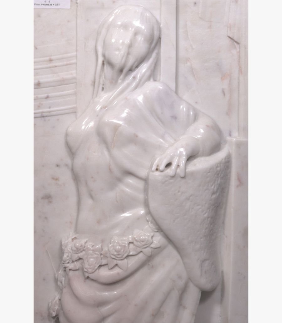 z16 Hand-carved Vietnam white marble vertical relief panel titled Shield Lady by Mangalya Stone Panels depicting a classical draped female warrior leaning on a textured shield with a carved rose belt.