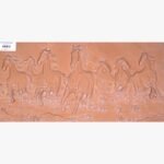Hand-carved Jodhpur terracotta sandstone horizontal relief panel titled 7 Horse by Mangalya Stone Panels depicting seven running horses galloping across a chiseled terrain.