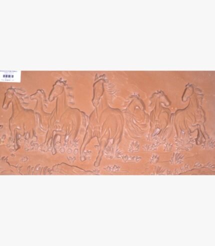 Hand-carved Jodhpur terracotta sandstone horizontal relief panel titled 7 Horse by Mangalya Stone Panels depicting seven running horses galloping across a chiseled terrain.
