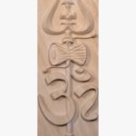 Hand-carved Khatu beige sandstone vertical relief panel titled Om Trishul with Damru by Mangalya Stone Panels featuring sacred Hindu symbols of Lord Shiva including a trident, a ritual drum, and the holy Om syllable.