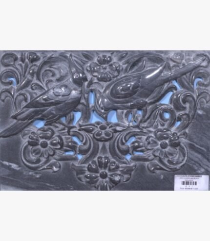 Hand-carved Abu-Black stone relief panel with openwork titled Bird Flower by Mangalya Stone Panels showcasing two detailed songbirds perched amid scrolling floral vines and rosettes.