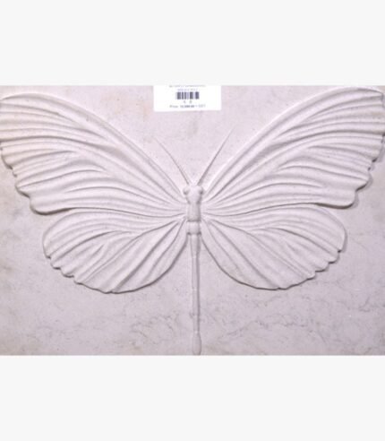 Hand-carved Gwalior white sandstone horizontal relief panel titled Butterfly by Mangalya Stone Panels showcasing a detailed lepidoptera silhouette with deeply chiseled wing veins.