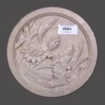 Hand-carved Dhrangadhra beige sandstone circular relief panel titled Round Fish by Mangalya Stone Panels featuring swimming fish among detailed lotus blossoms and aquatic reeds.