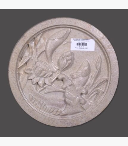 Hand-carved Dhrangadhra beige sandstone circular relief panel titled Round Fish by Mangalya Stone Panels featuring swimming fish among detailed lotus blossoms and aquatic reeds.