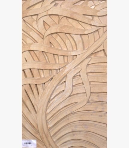Hand-carved Khatu beige sandstone vertical relief panel titled Leaves by Mangalya Stone Panels featuring layered tropical palm and banana foliage motifs.