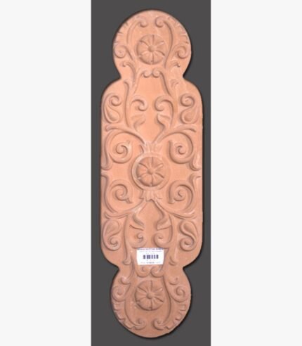 Hand-carved Agra red sandstone architectural relief panel titled Scroll Design by Mangalya Stone Panels featuring an ornate vertical cartouche structure with symmetrical acanthus leaf scrolls and central rosettes.