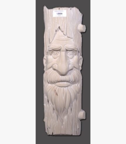 Hand-carved Gwalior white sandstone vertical relief panel titled Old Man Trunk by Mangalya Stone Panels showcasing a whimsical green man face carved to look like a weathered tree trunk.