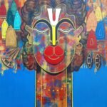 Modern abstract acrylic painting of Lord Hanuman with a sacred tilak and vibrant colorful temple background by artist Ramana Peram.