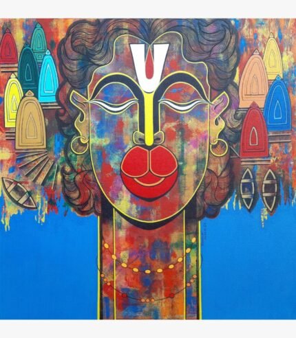 Modern abstract acrylic painting of Lord Hanuman with a sacred tilak and vibrant colorful temple background by artist Ramana Peram.