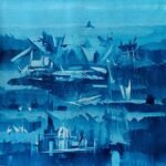 Monochromatic blue abstract acrylic painting on canvas displaying a submerged cityscape with architectural elements by artist Ashish Karnik.