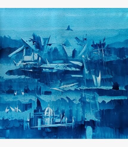 Monochromatic blue abstract acrylic painting on canvas displaying a submerged cityscape with architectural elements by artist Ashish Karnik.
