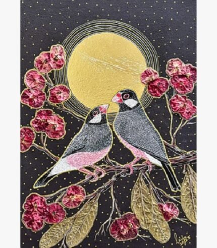 Handcrafted mixed media painting of a pair of sparrows perched under a golden full moon among crimson cherry blossoms by Pooja Sharma.