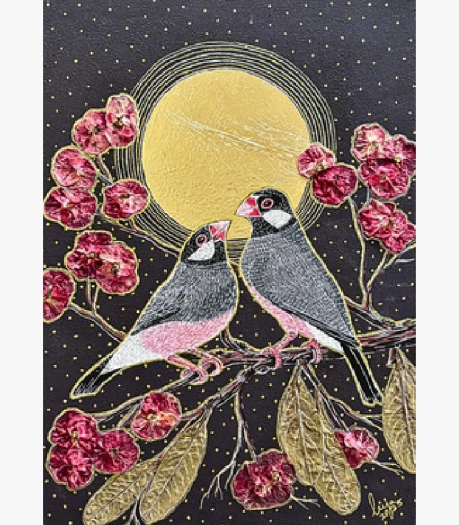 1 Handcrafted mixed media painting of a pair of sparrows perched under a golden full moon among crimson cherry blossoms by Pooja Sharma.