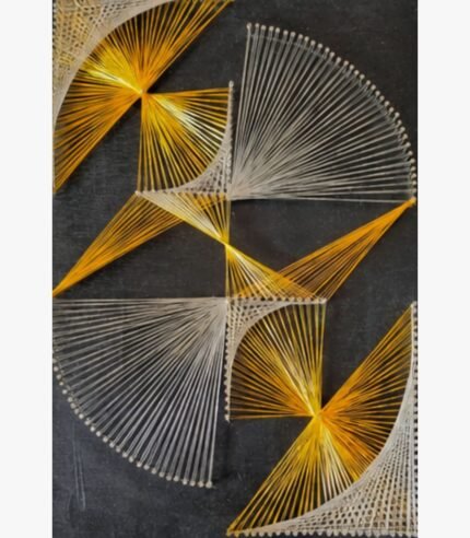 Modern 3D geometric string art on dark wooden board with gold, yellow, and silver threaded fan patterns created by Art Impression.