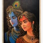 Detailed realistic oil painting on canvas of divine couple Radha and Krishna in traditional jewelry and peacock feather crown by Bhavna Mudhgal.