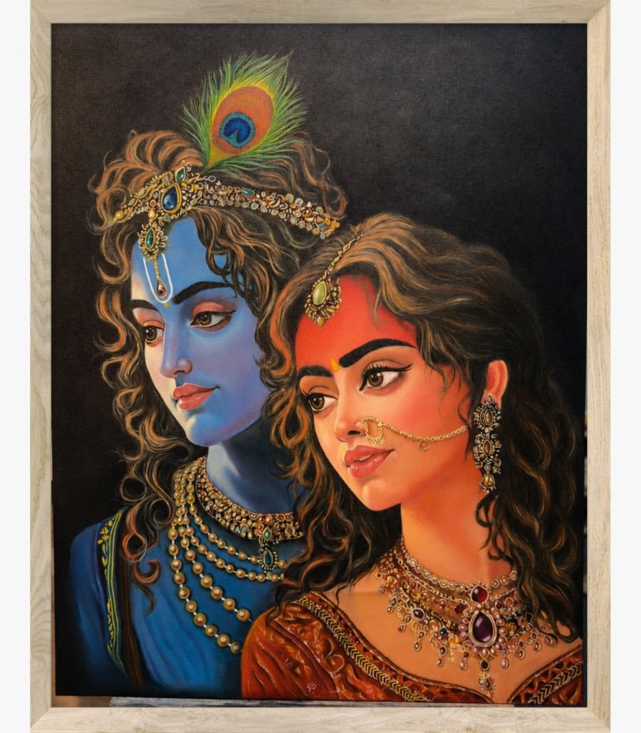 1 Detailed realistic oil painting on canvas of divine couple Radha and Krishna in traditional jewelry and peacock feather crown by Bhavna Mudhgal.