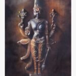 Realistic stone sculpture style oil painting on canvas of four-armed Lord Vishnu holding sacred emblems by artist Debopriya.