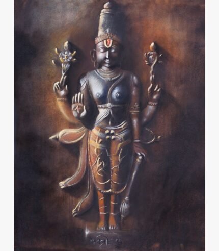 Realistic stone sculpture style oil painting on canvas of four-armed Lord Vishnu holding sacred emblems by artist Debopriya.